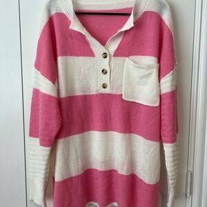 Pink and White Striped Large Oversized Women's Sweater